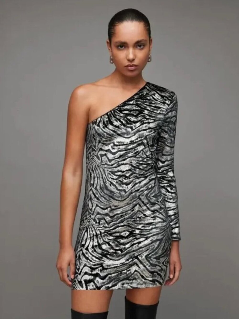 ALL SAINTS - Deri One Shoulder Zebra Print Mini Dress Black/Silver UK 12/US 8